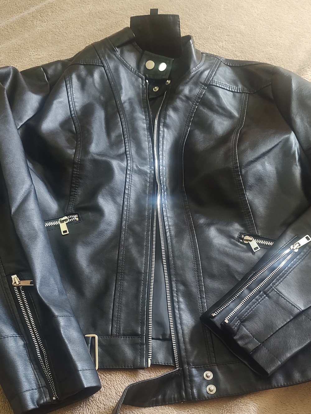 Women's Black Faux Leather Moto Jacket with Zipper Accents